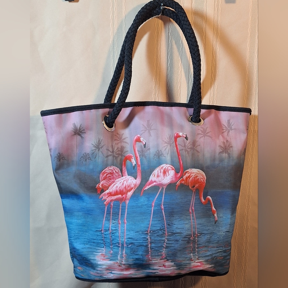 GALLERIA Flamingo Print Tote Bag - Pink and Blue